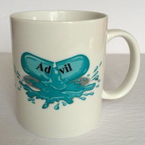 Advil Novelty Coffee Mug White Aqua Print Double Sided Ceramic Ware 10 oz